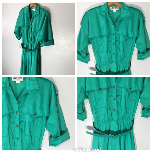 Vintage 80s Day Dress, Green Shirt Dress, Vintage Dress with Pockets Size Medium - Picture 2 of 14